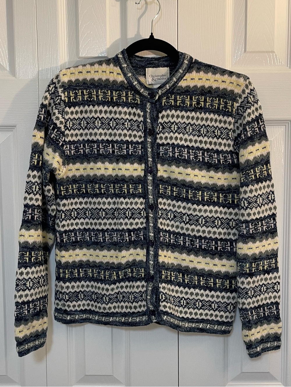 Christopher & Banks Navy, Cream and Yellow Fair Isle Cardigan